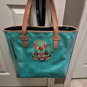 Consuela Teal Tote with Floral Embroidery